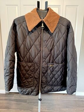 Barbour Black Woodhall Quilt Jacket with Brown Corduroy Collar